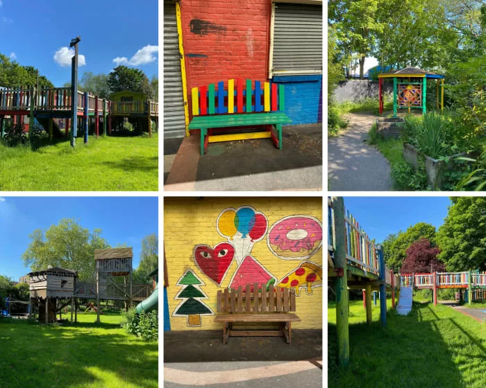 A photo montage of six photos taken before Kurt Geiger renovated the Hackney Playground. 