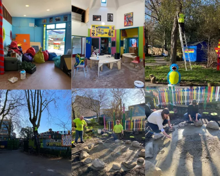 A photo montage of six photos at Hayward Playground. Staff are renovating the indoor and outdoor spaces.