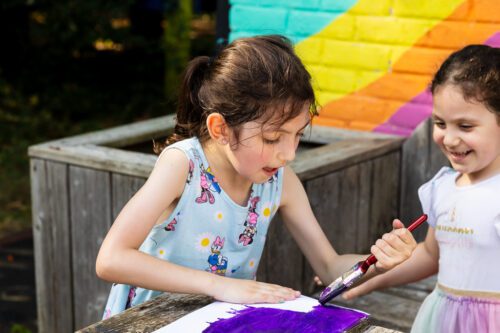 two girls painting outside