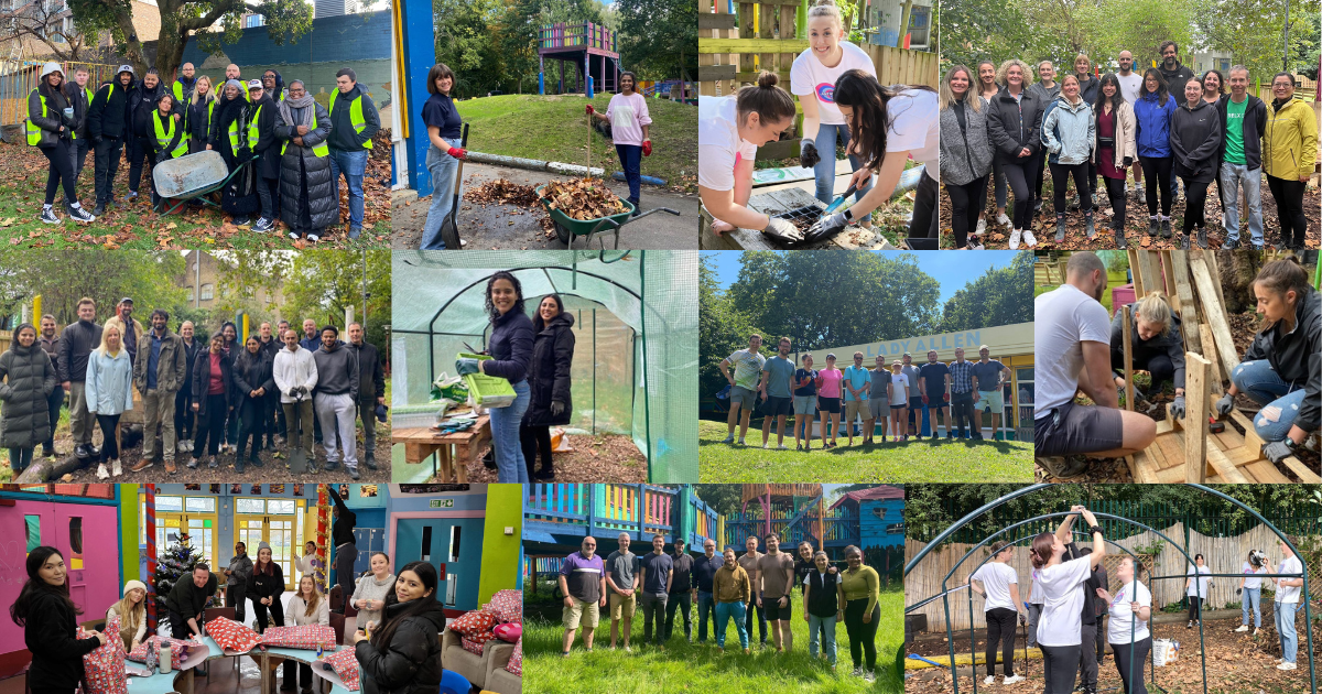 Collection of photos of volunteers helping at Kids playgrounds