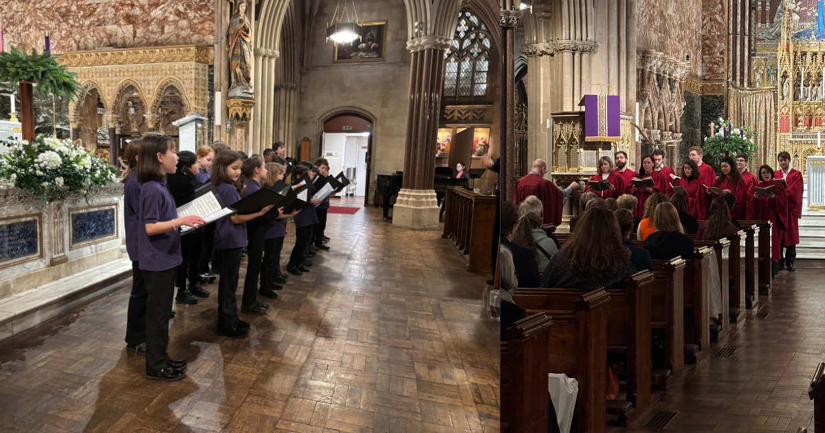 photo of a children's choir singing and an adults choir singing