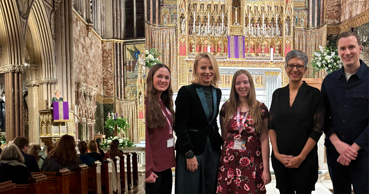 photo of cathy newman speaking in a church and a photo of kids staff members, paul brand, daisy mcandrew and a young person smiling